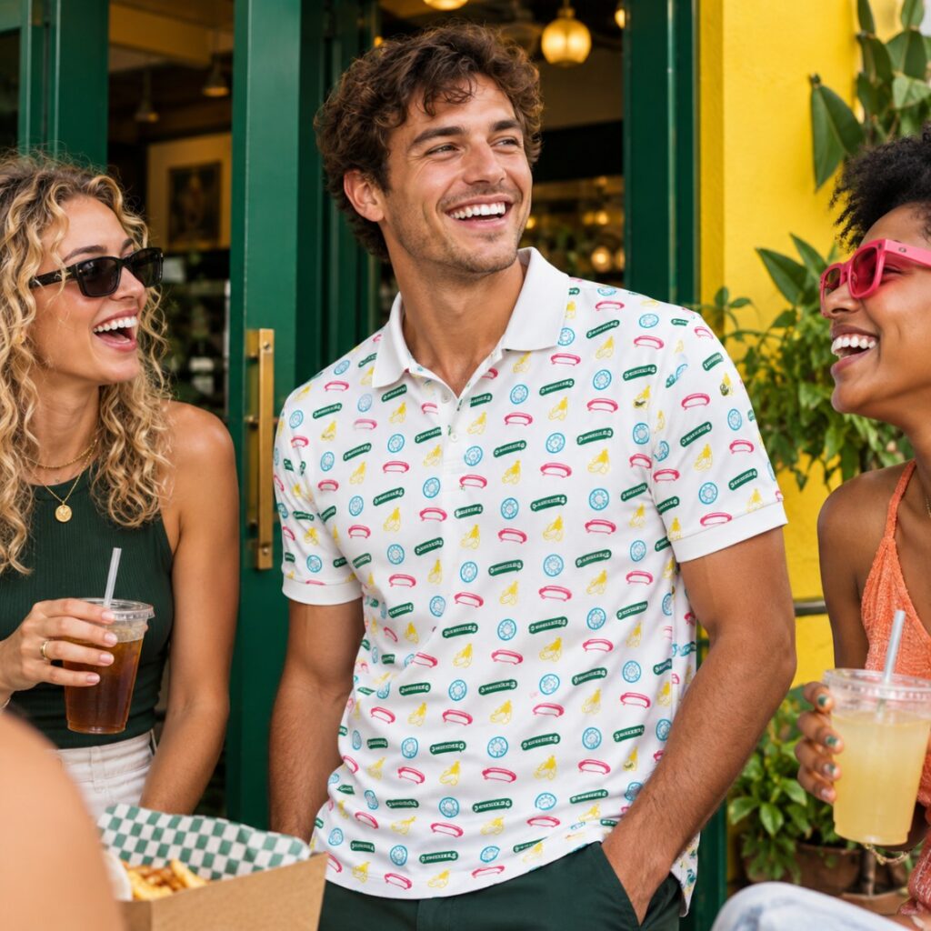 Smiling man in a patterned shirt socializing with friends